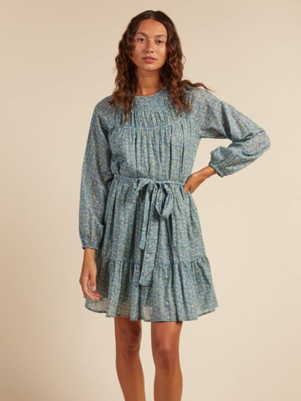 Trovata Birds of Paradis Abigail Long Sleeve Short Dress in Tidepool Ditsy S
